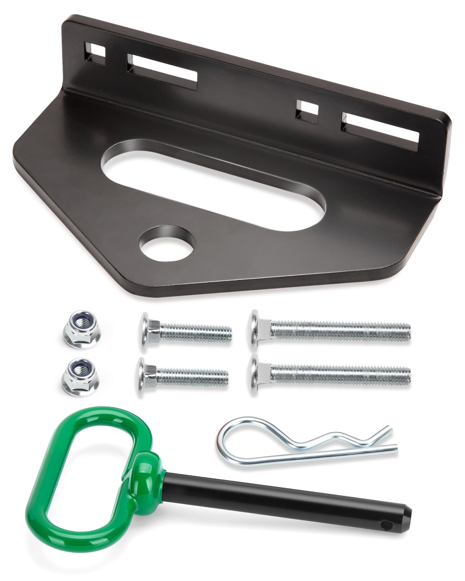 HOWBOW front view of universal lawn mower hitch showing mounting shape and finish