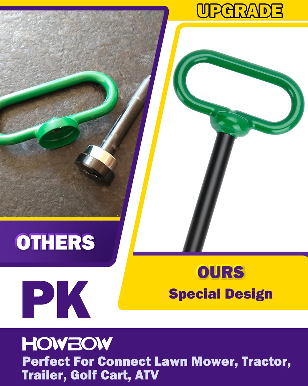 HOWBOW hitch mounted on a zero-turn mower illustrating ready-to-tow capability