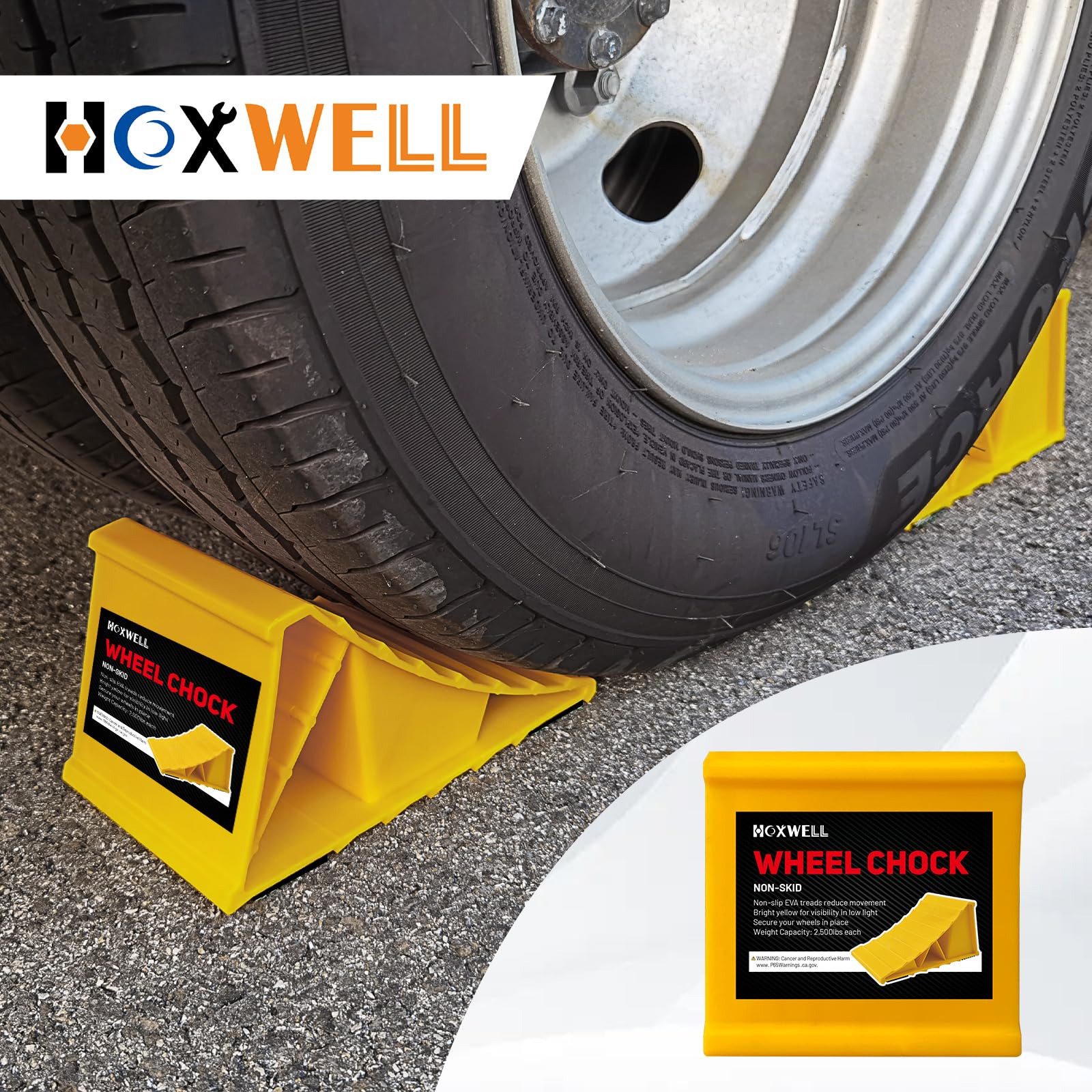 HOXWELL chocks on pavement showing high-visibility yellow for spotting easily