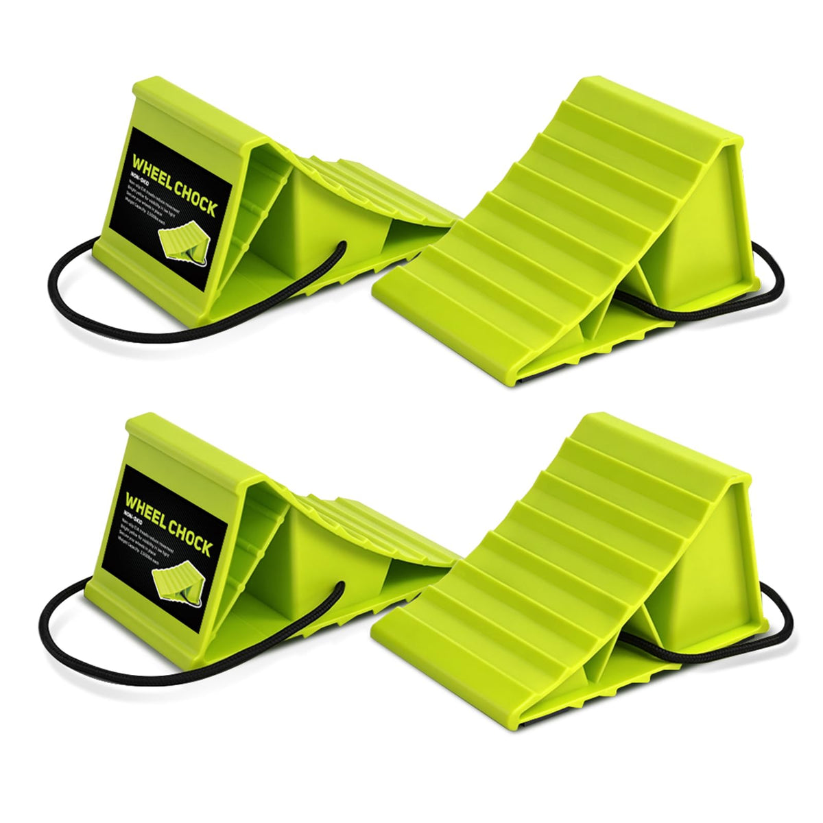 HOXWELL front view of chock pair showing shape and bright color for visibility