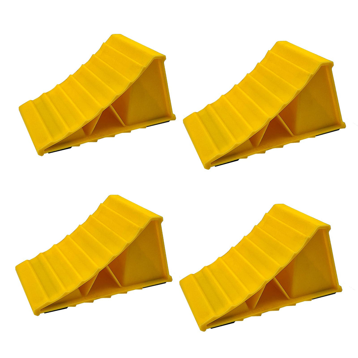 HOXWELL front view of two wheel chocks showing shape and bright color for safety