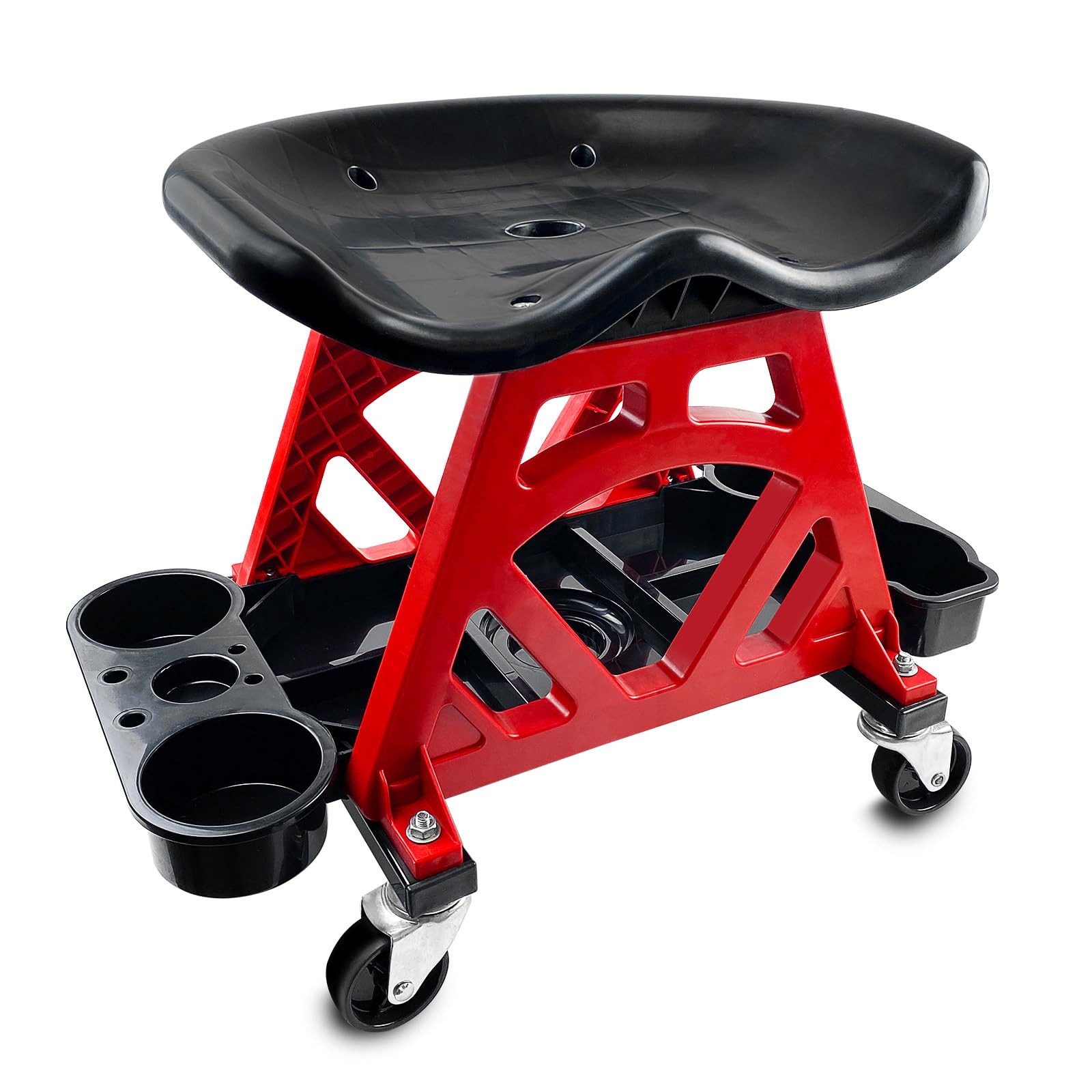HOXWELL front view of rolling mechanic seat showing ergonomic design and storage benefits