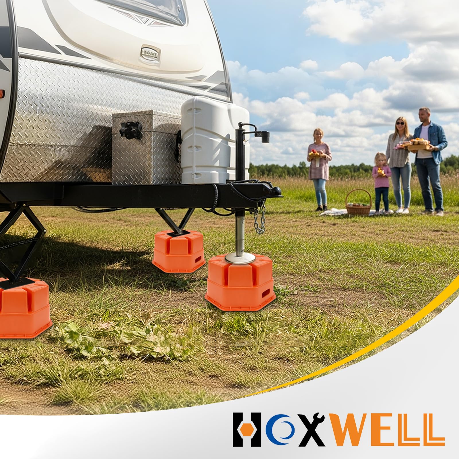 HOXWELL block in use under an RV tongue jack to prevent sinking