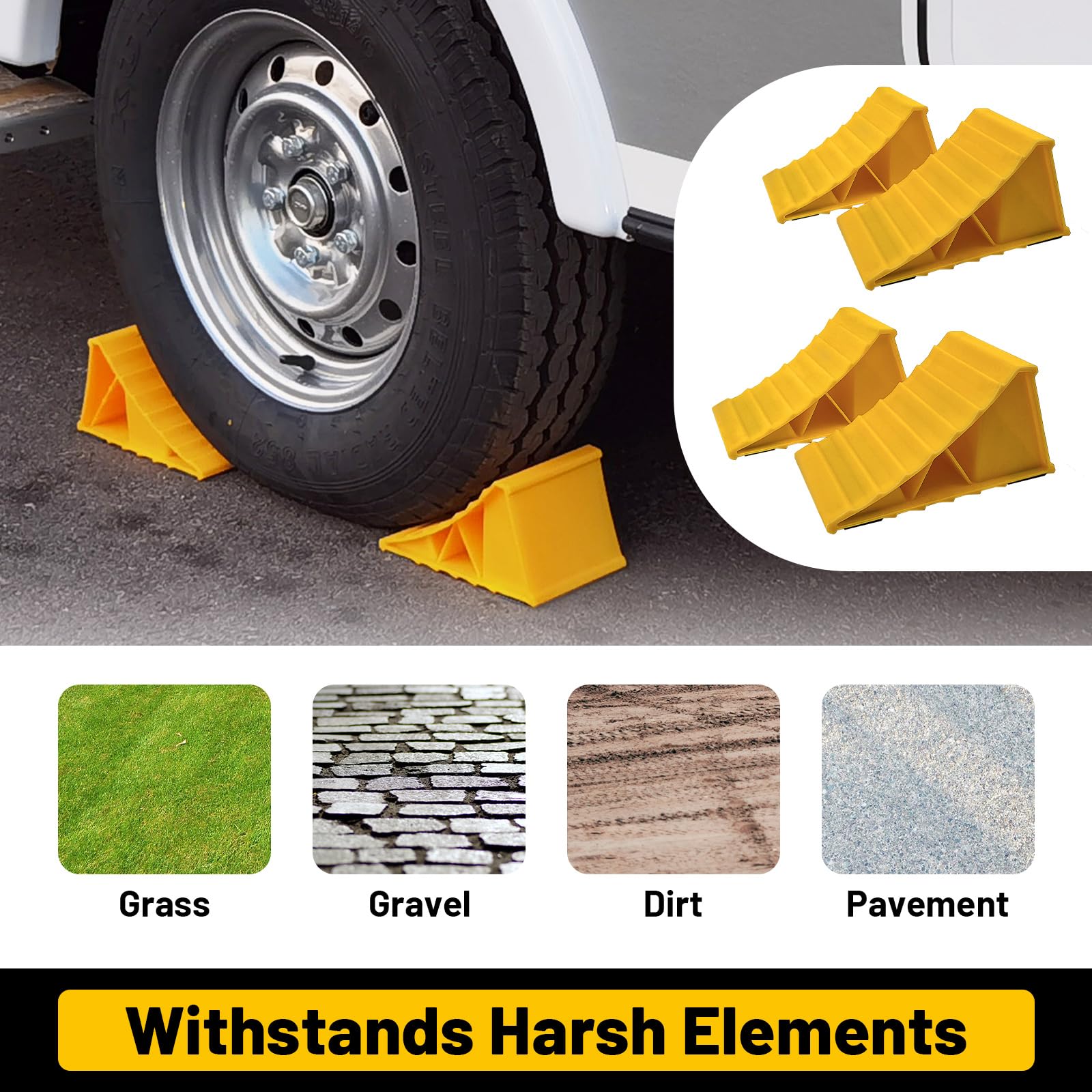 HOXWELL chock placed under an RV tire showing secure immobilization benefit