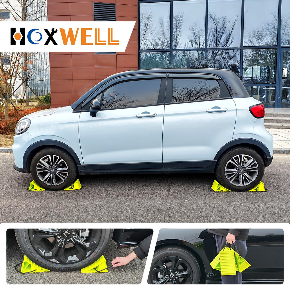 HOXWELL chocks in front of parked RV illustrating safer loading and parking