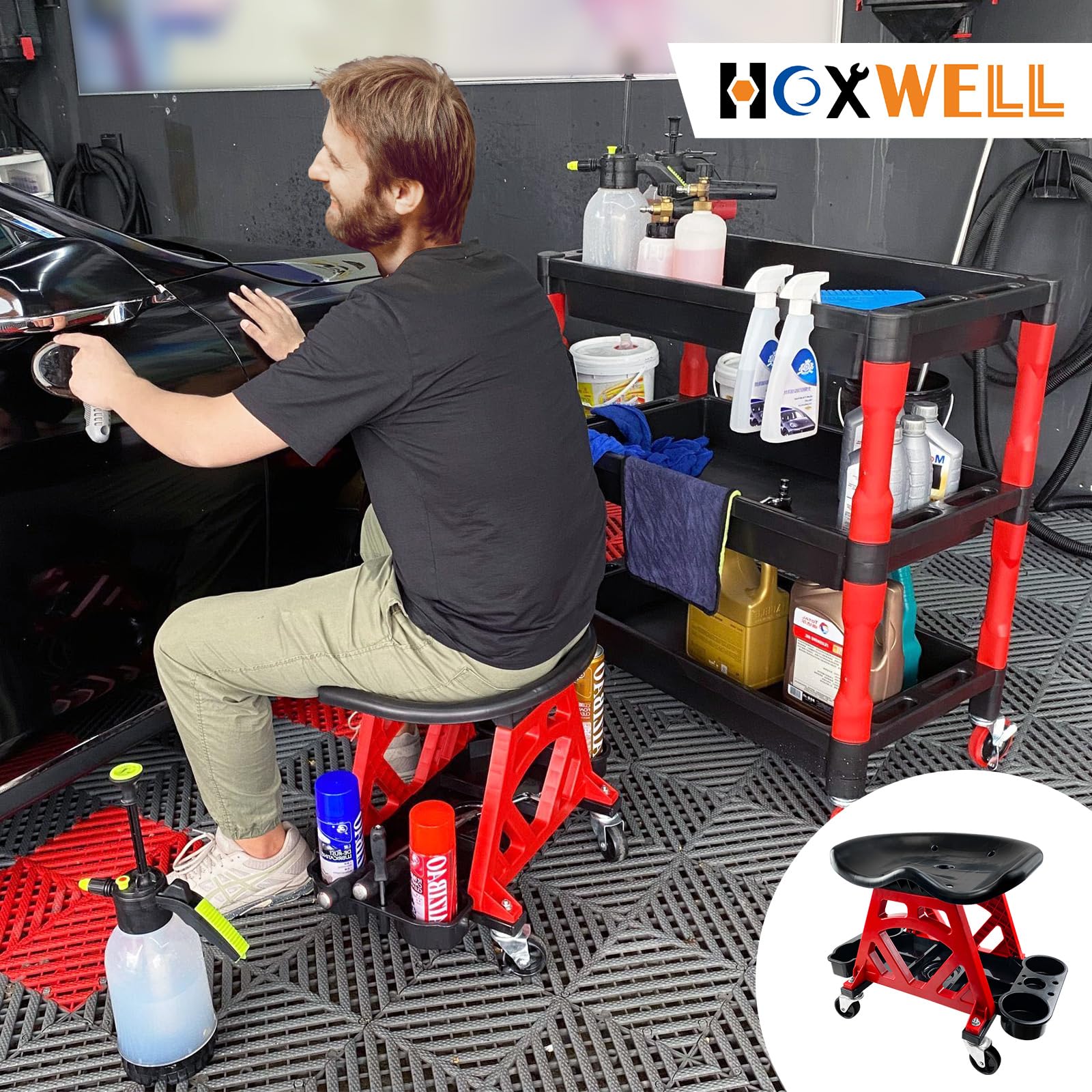 HOXWELL stool next to a standard toolbox showing compact footprint and workshop compatibility