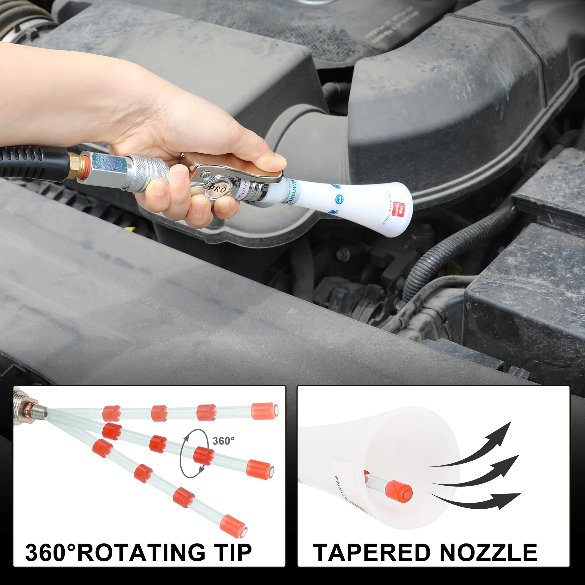 Hromee tapered nozzle producing focused airstream to remove dust effectively