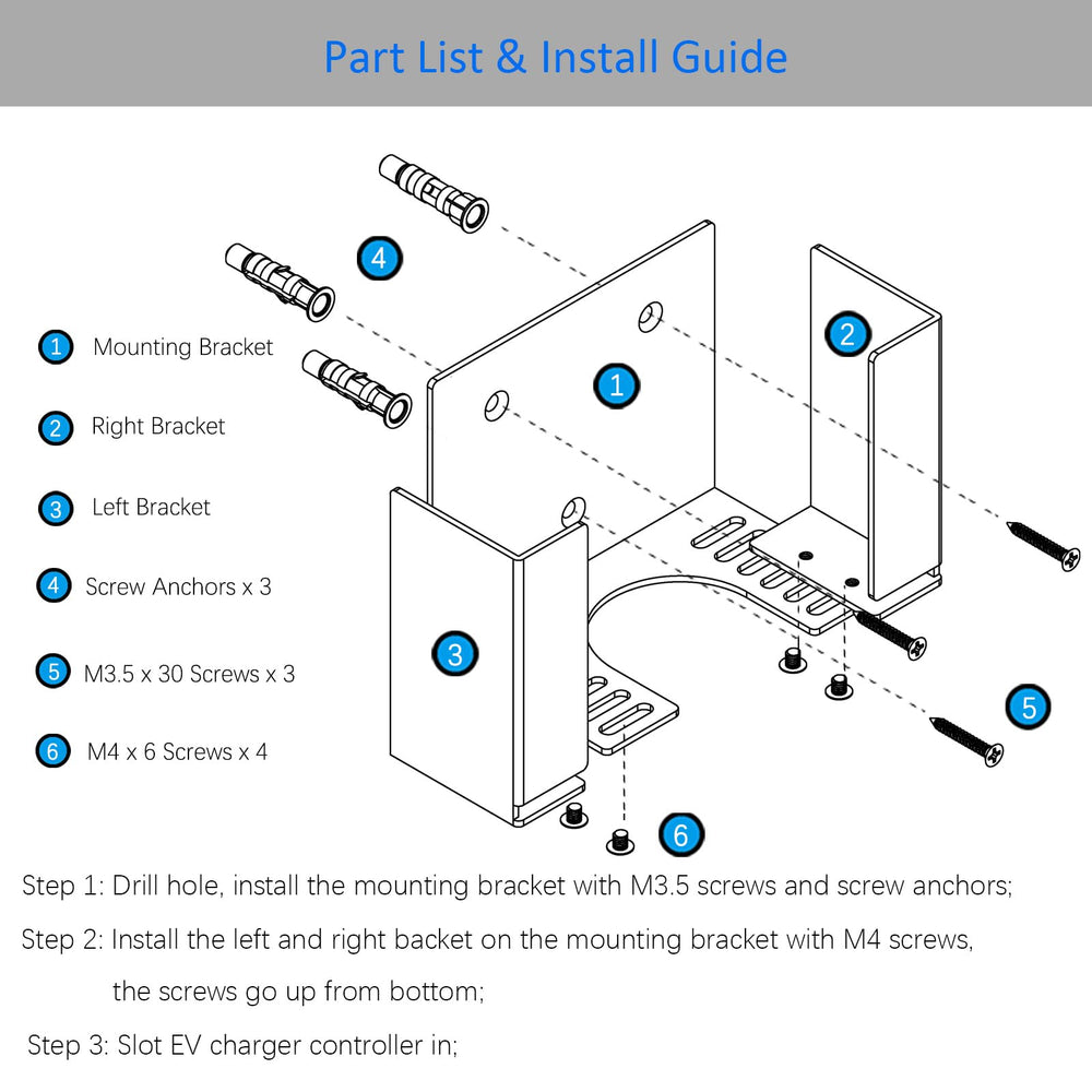 HTLAKIKJ package contents laid out including main bracket, left and right brackets, screws and anchors
