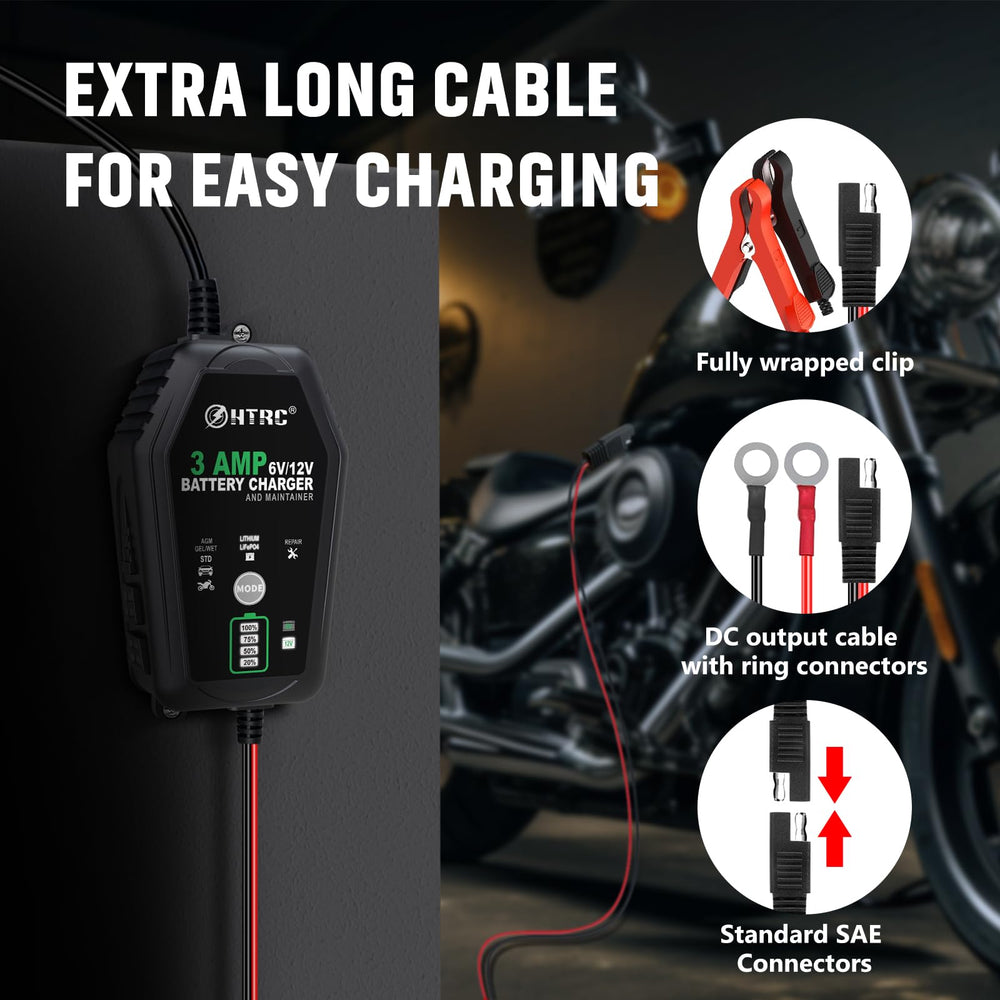 HTRC charger on garage shelf next to tools demonstrating organized battery care