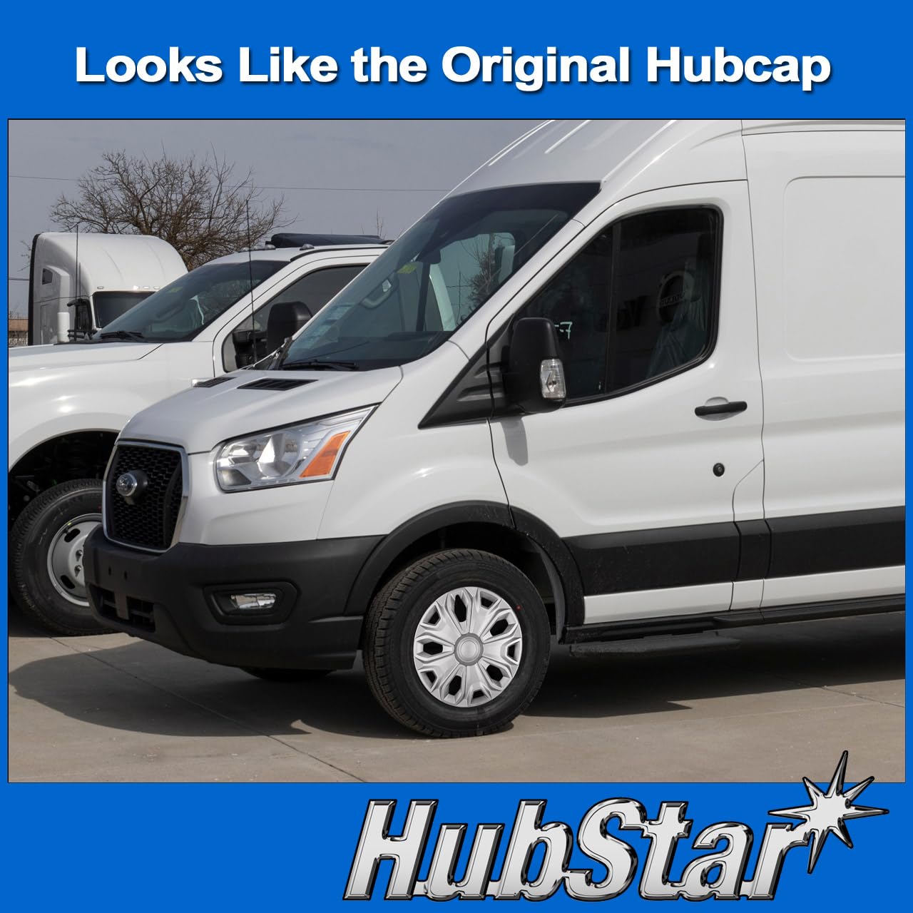 HubStar hubcap installed on Ford Transit wheel demonstrating stock appearance