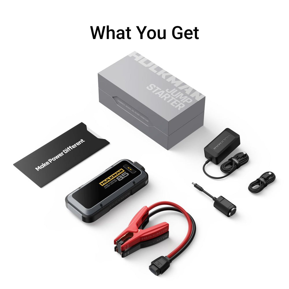 Hulkman Alpha85 packaging and accessories including charger, cables, clamps, and manual