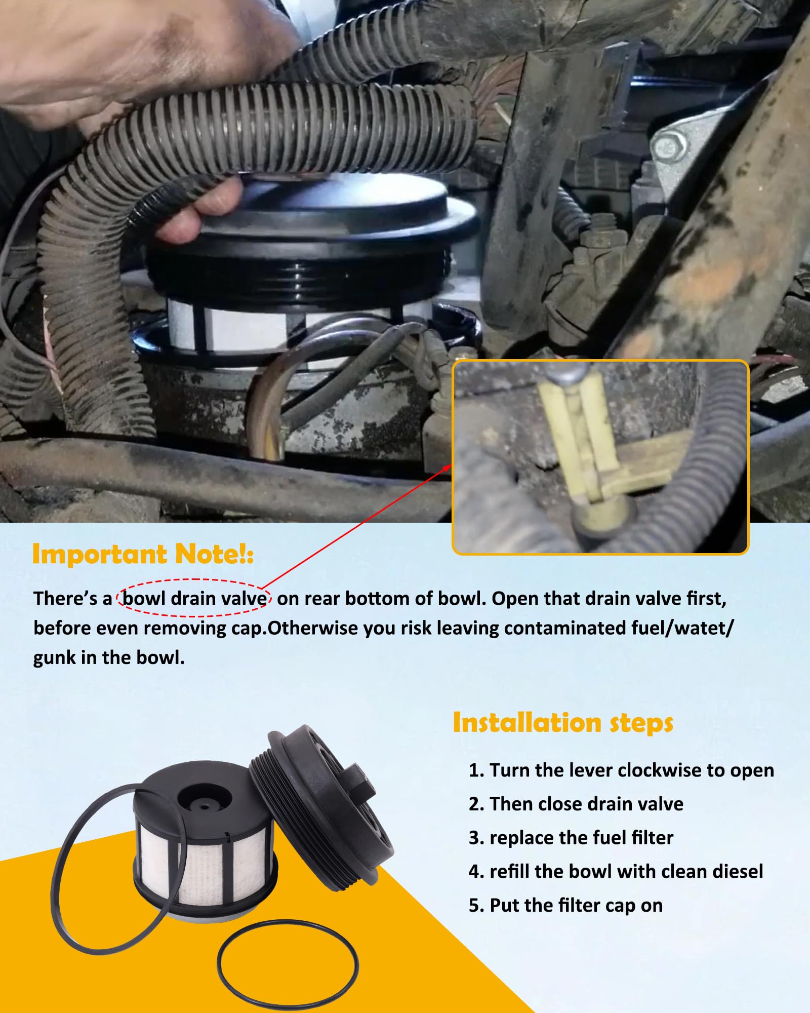 Humoony FD4596 installed underhood on Powerstroke illustrating easy fit
