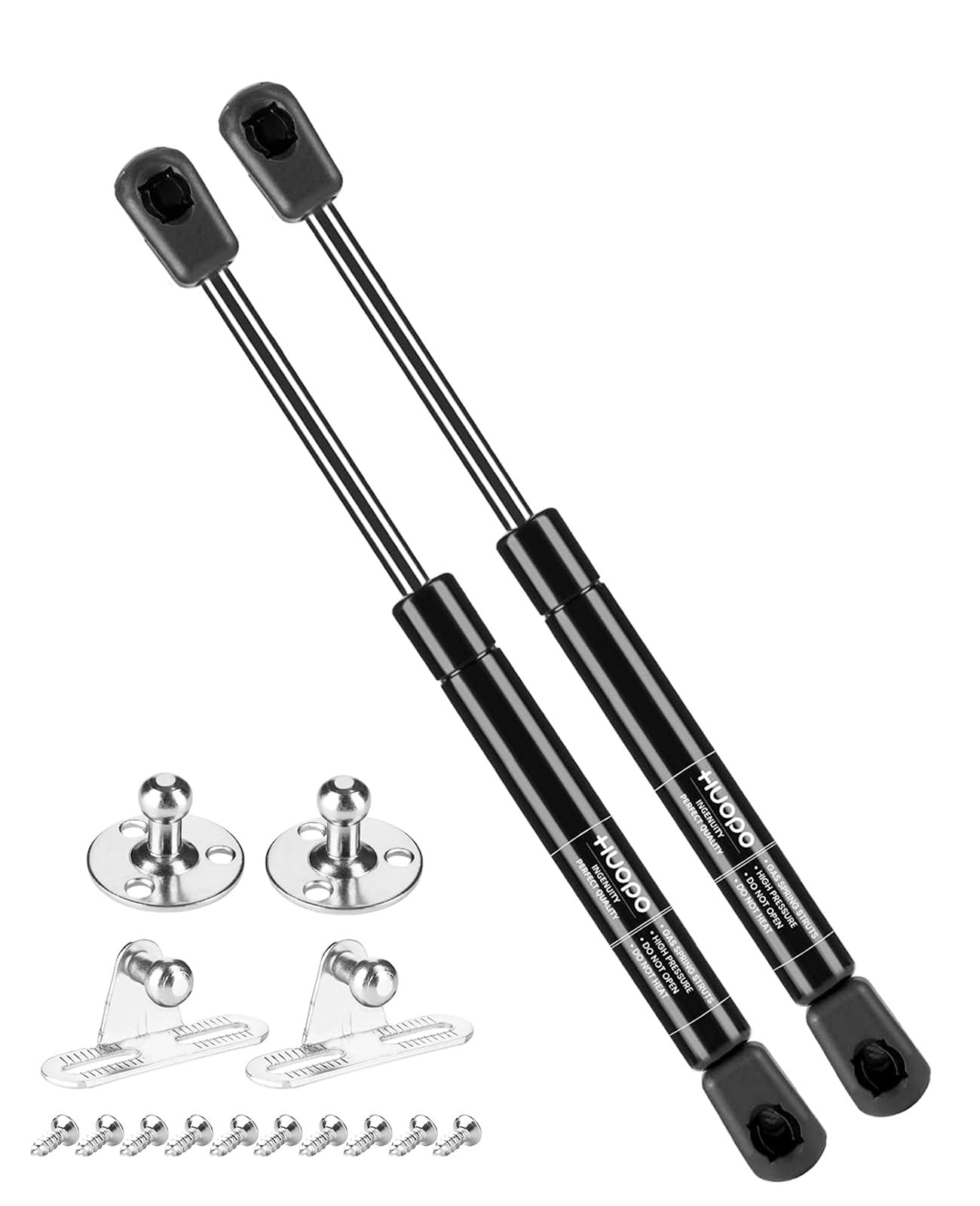 HUOPO front view of 10-inch gas struts kit, shows included parts and easy replacement benefit
