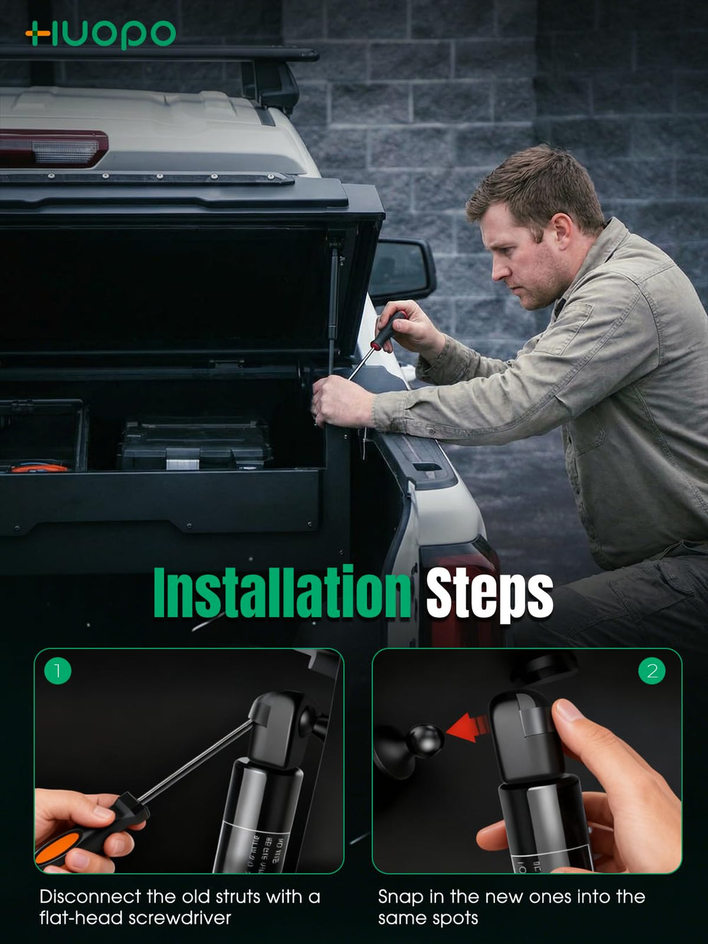 HUOPO gas strut installed on a toolbox lid, demonstrates smooth lift and secure hold