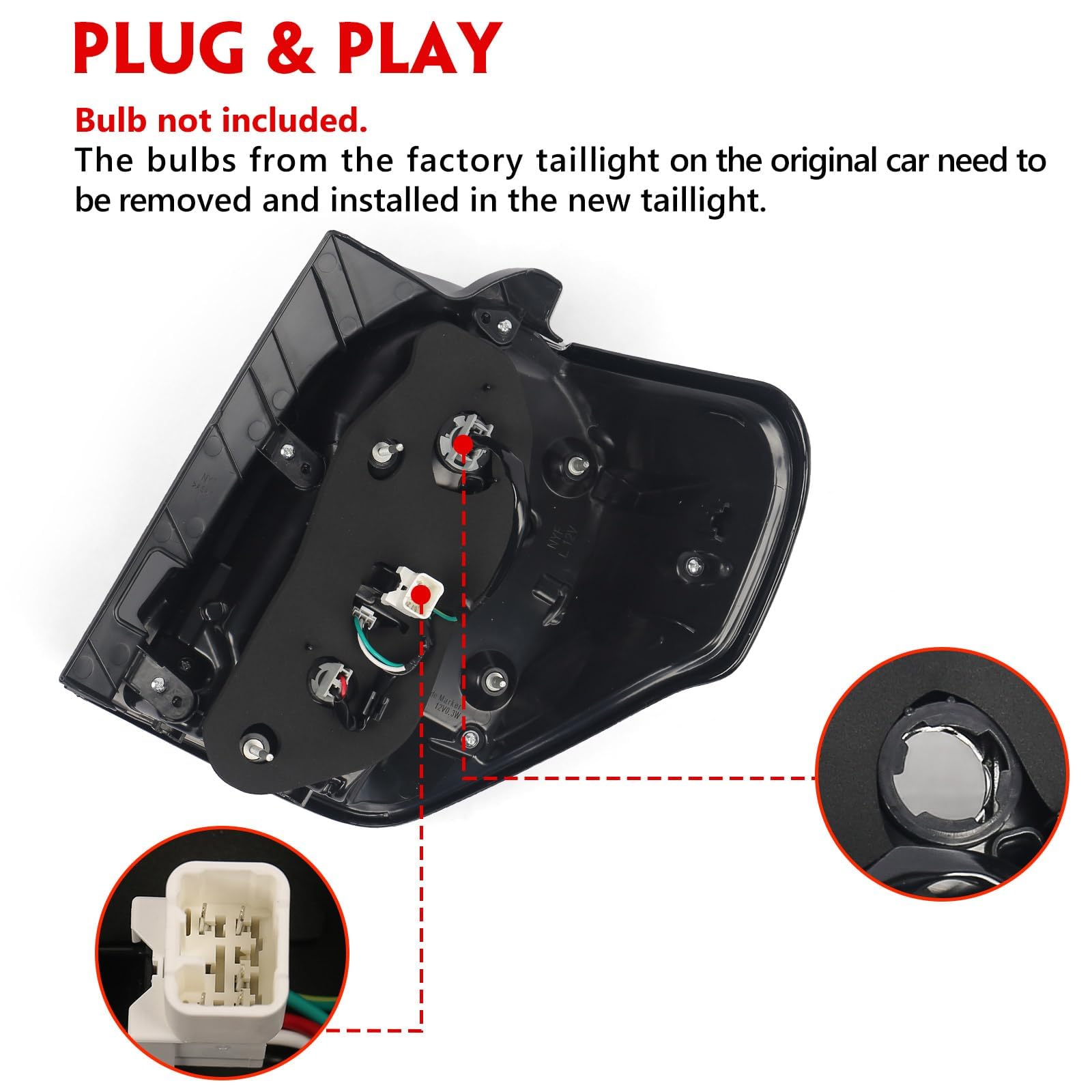 Huray left tail light backside showing mounting points and plug connector for easy install