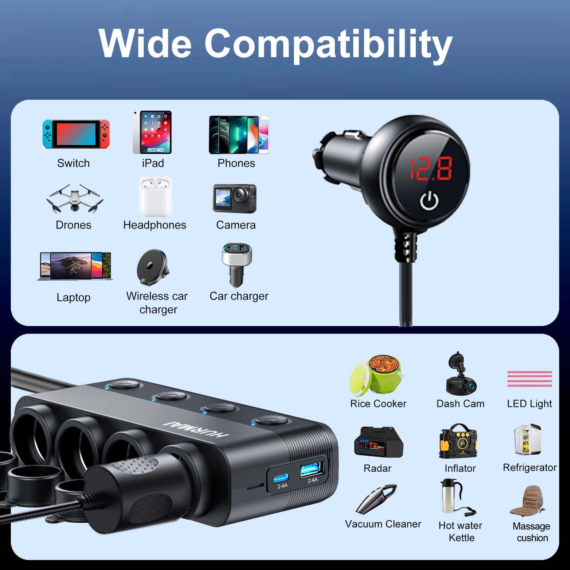 HURMAI independent switches and lighter sockets, lets you control each port