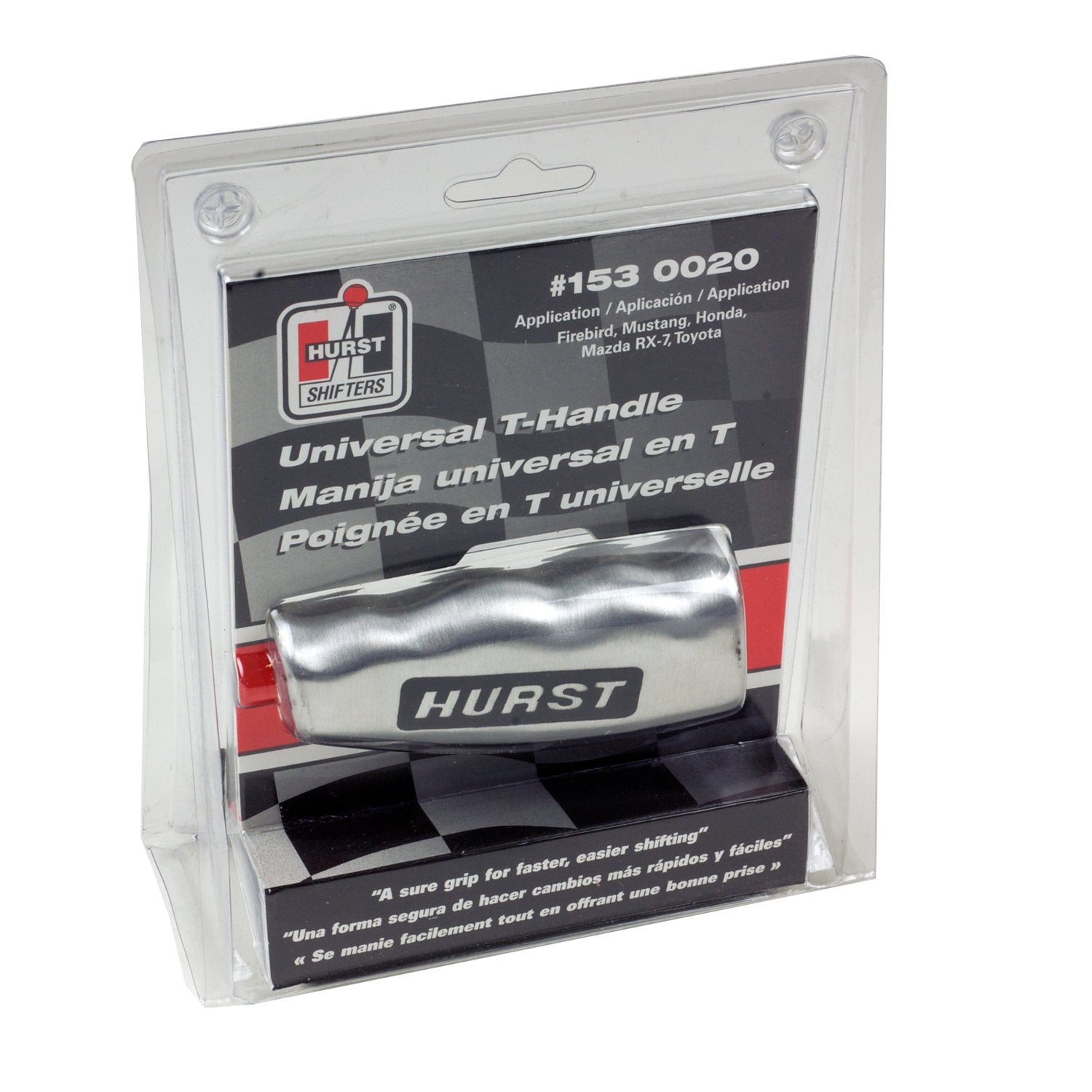 Hurst T-handle installed in a car demonstrating ergonomic grip and improved shifting control