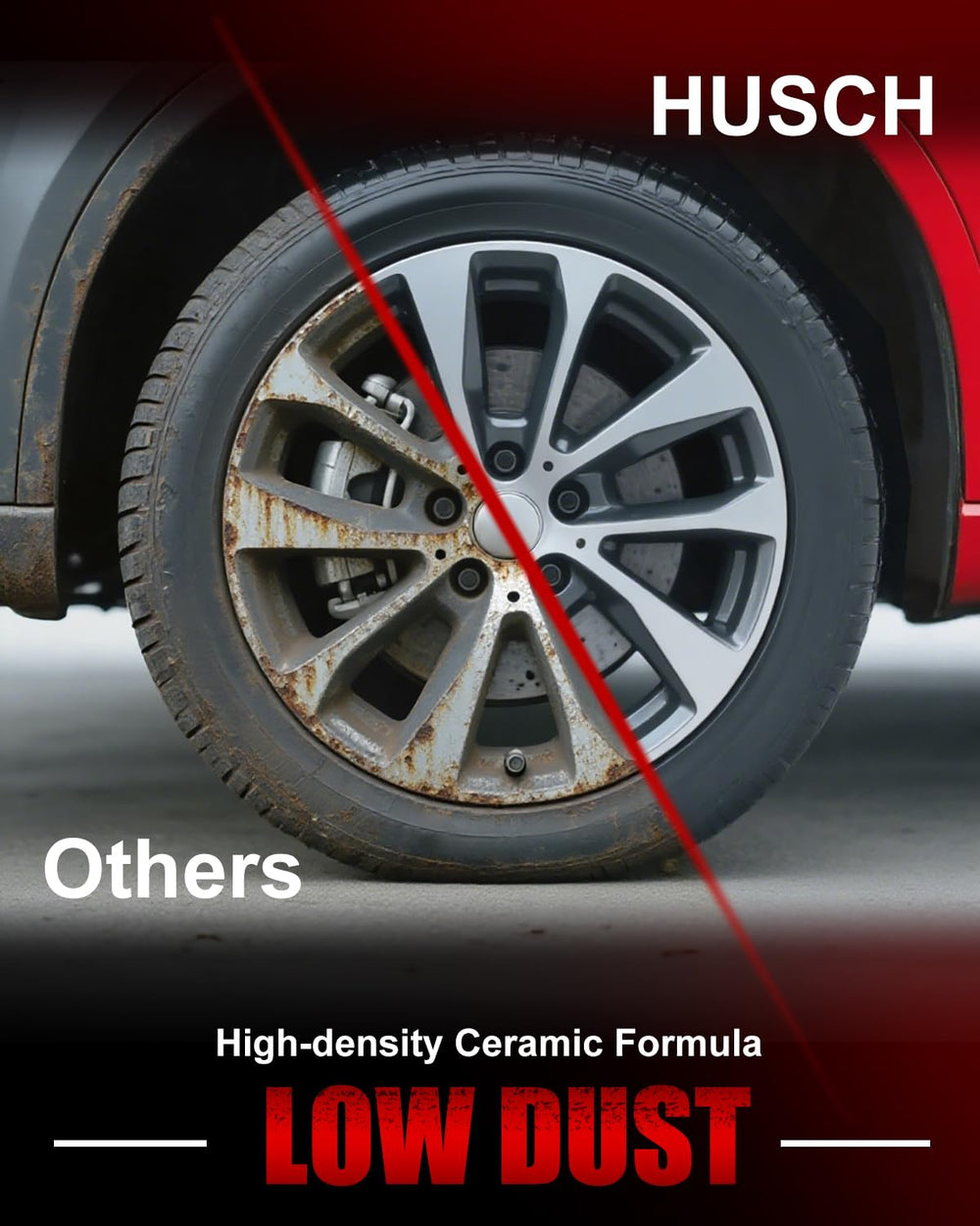 HUSCH ceramic pad cleaning demo showing low-dust advantage on alloy wheel