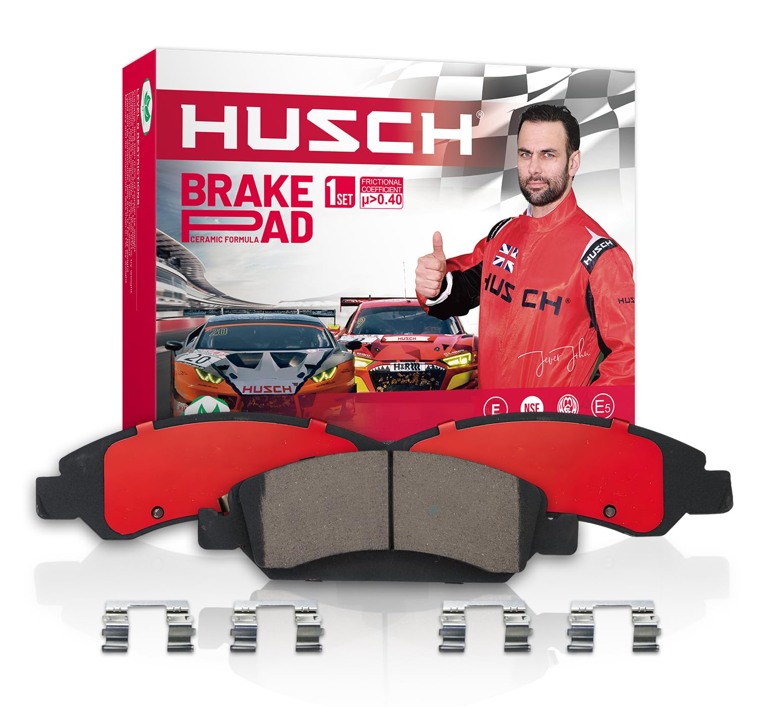 HUSCH front brake pads kit front view showing full kit and fit benefit