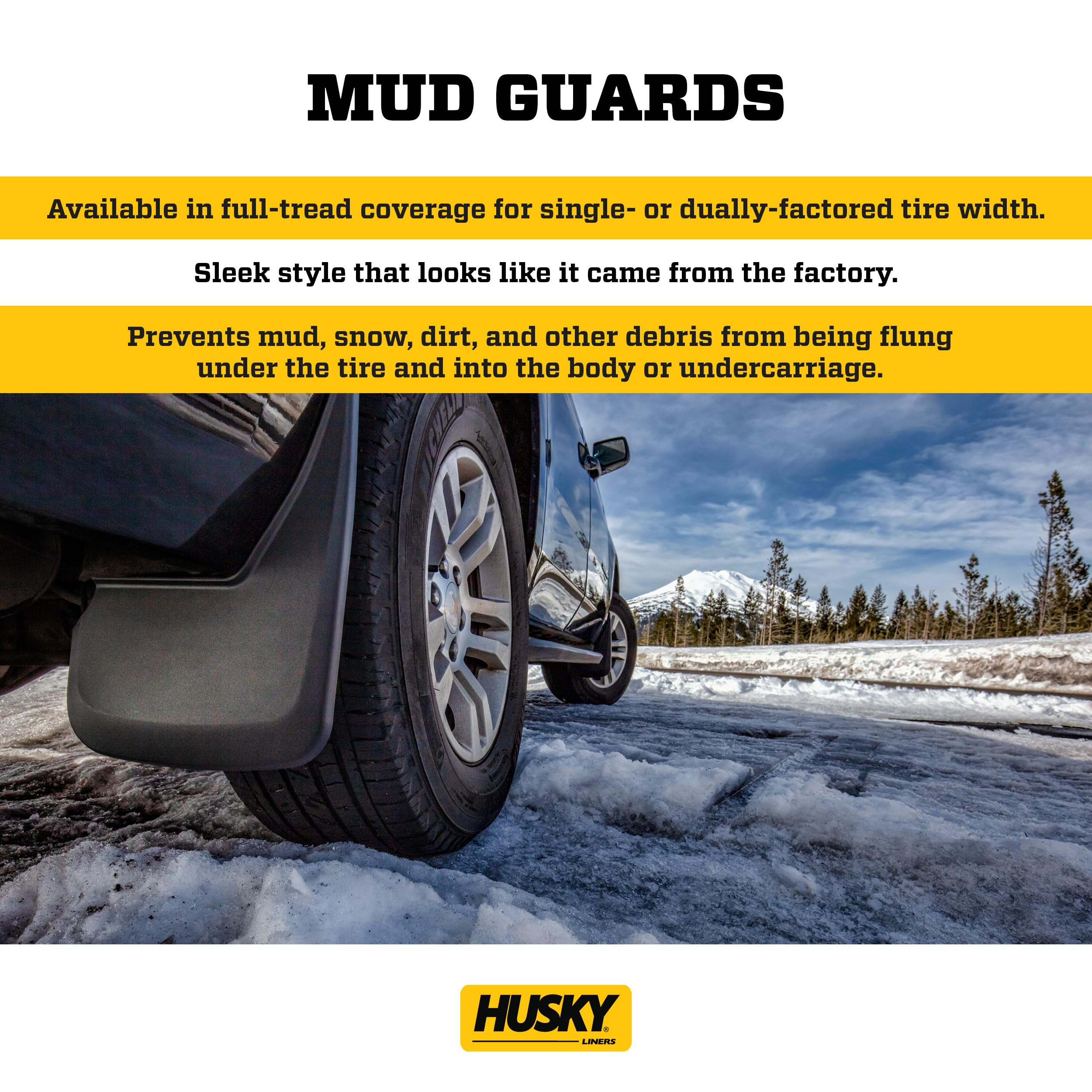 Husky Liners rear mud guard close-up highlighting coverage and durability