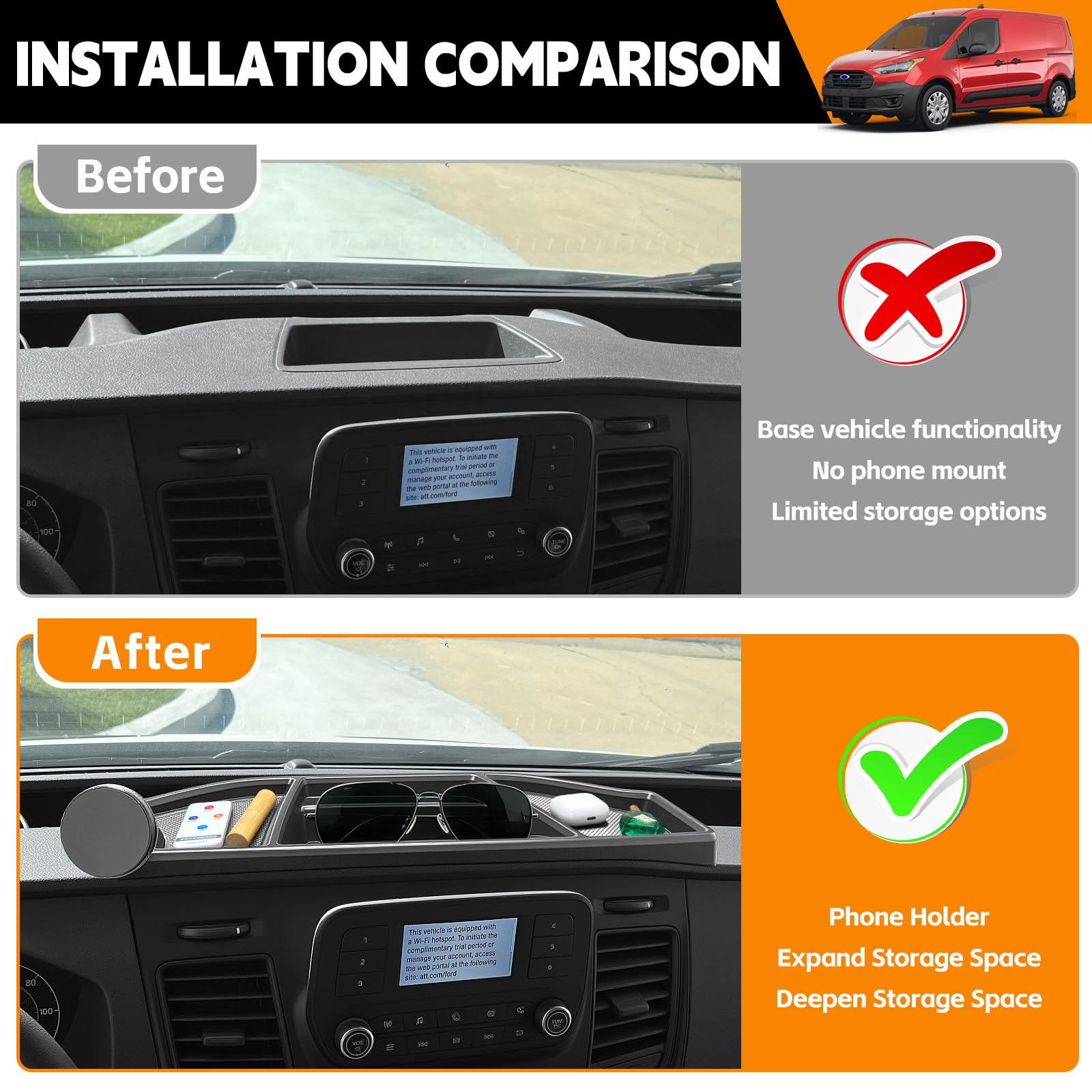 HUYINPJ installed in Ford Transit center console for tidy storage