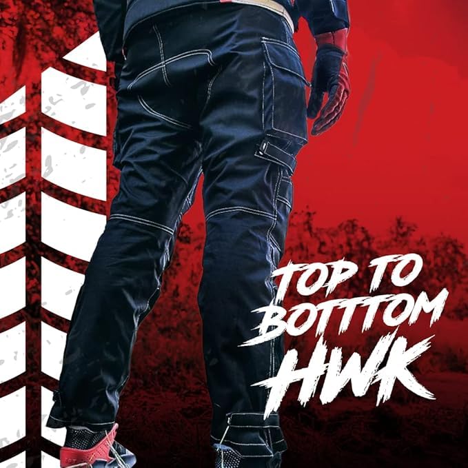 HWK Motorsports Apparel model wearing pants on bike illustrating comfort and real-world riding use