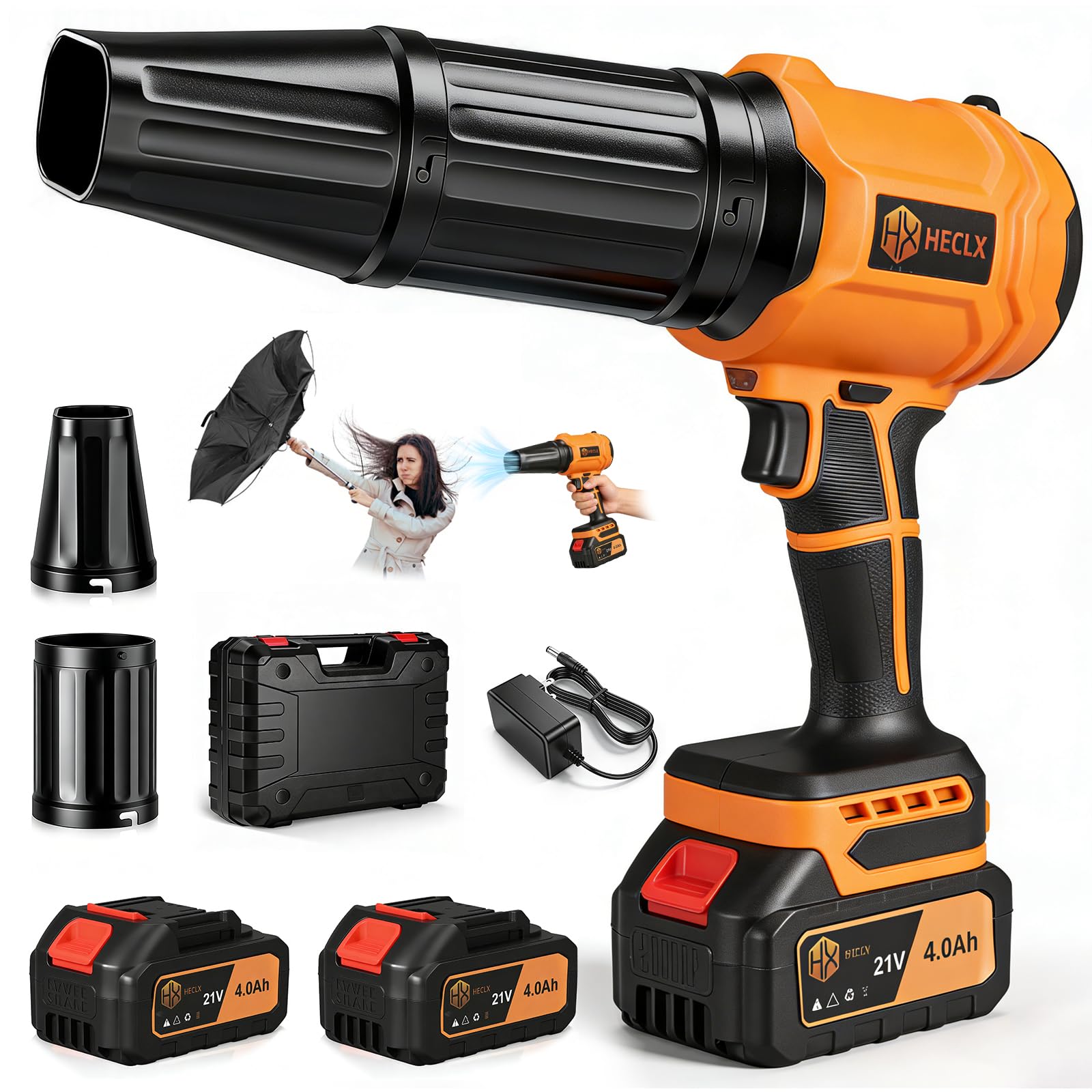 HX HECLX front view showing orange body and ergonomic grip, fast yard cleanup