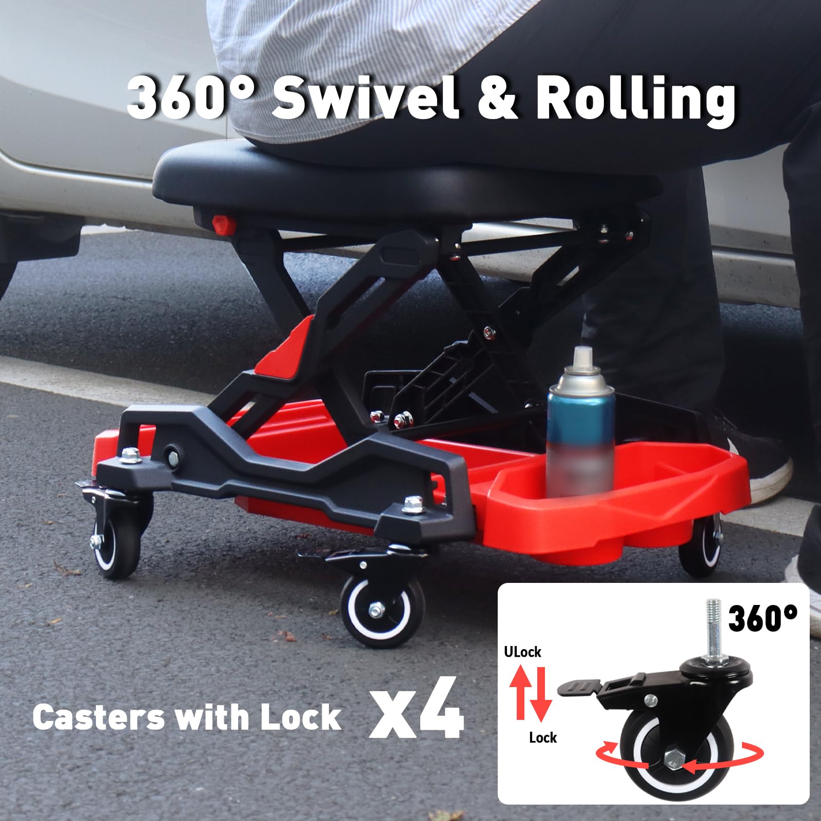 HYDRAULIC PRO folded stool compactly stored, saving garage space
