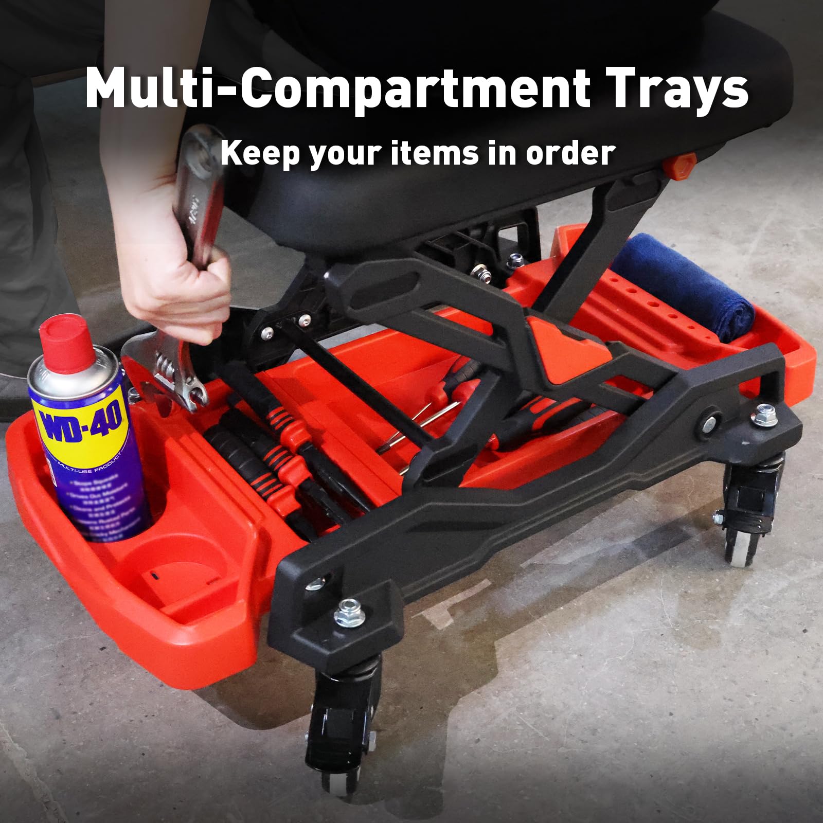 HYDRAULIC PRO multi-compartment tool trays keeping tools organized and reachable
