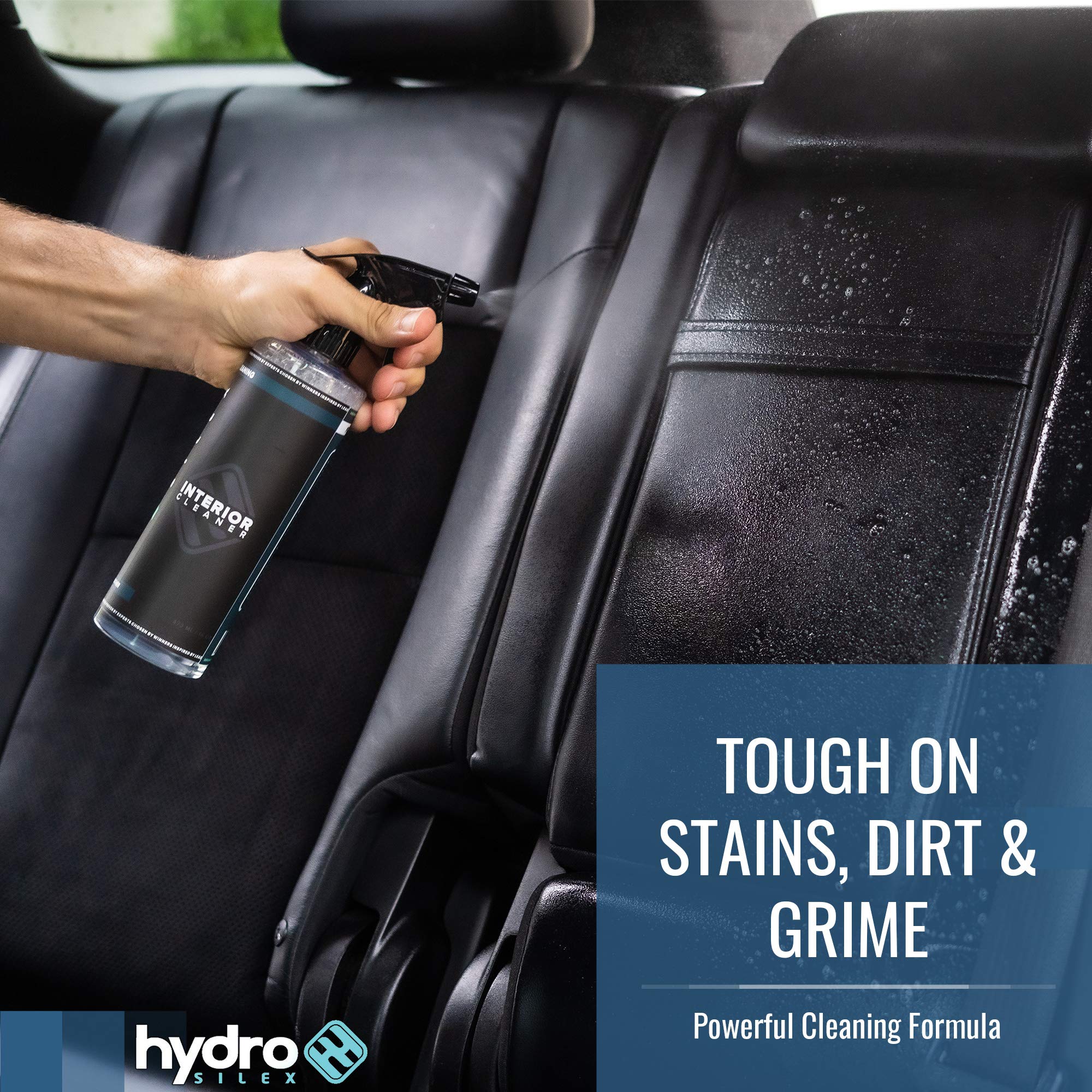 HydroSilex spray on leather seat demonstrating quick stain removal benefit