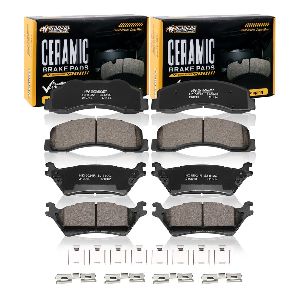 HYFTJYZ front brake pad close-up showing friction surface and low dust benefit