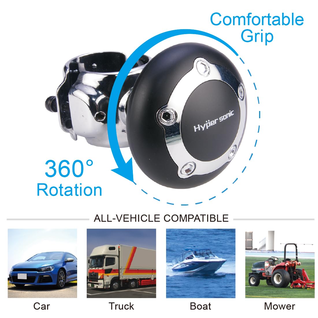 Hypersonic mounted on steering wheel demonstrating secure universal clamp fit
