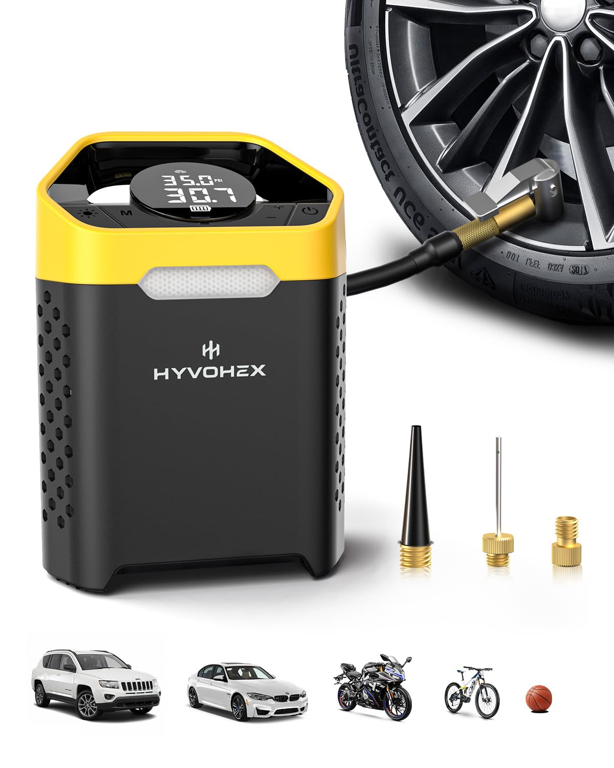 HYVOHEX front view showing yellow housing and compact portability benefit