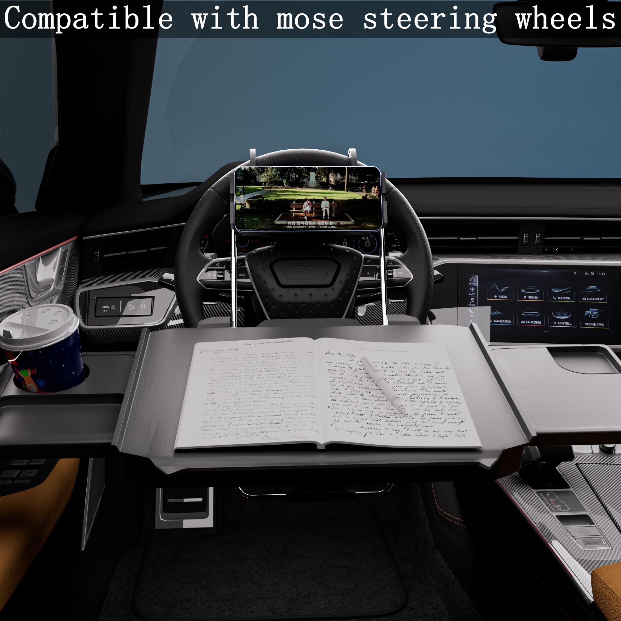 HZGAMER mounted on headrest posts for backseat use offering passenger workspace