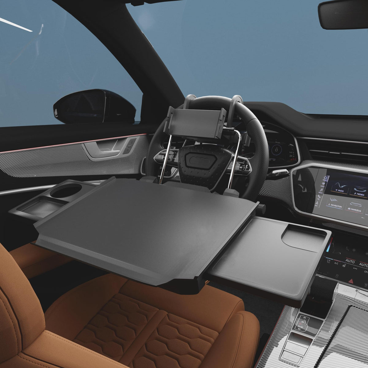 HZGAMER tray front view mounted on steering wheel showing stable surface benefit