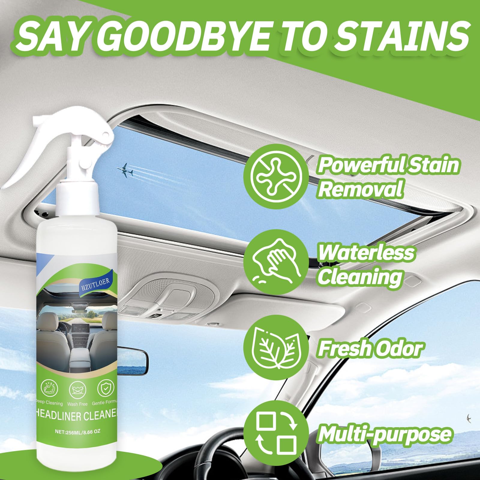 Hzutloer cleaner applied to a sponge for safe headliner cleaning
