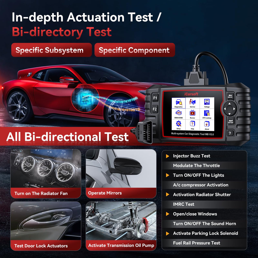 iCarsoft MB V3.0 angled display highlighting menu navigation and clear text