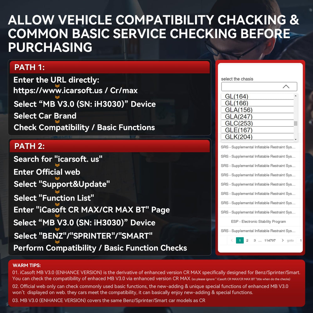 iCarsoft MB V3.0 compatibility table close-up for vehicle model verification