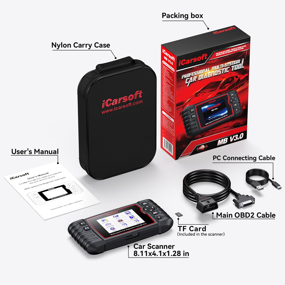 iCarsoft MB V3.0 package contents arranged, showing included accessories