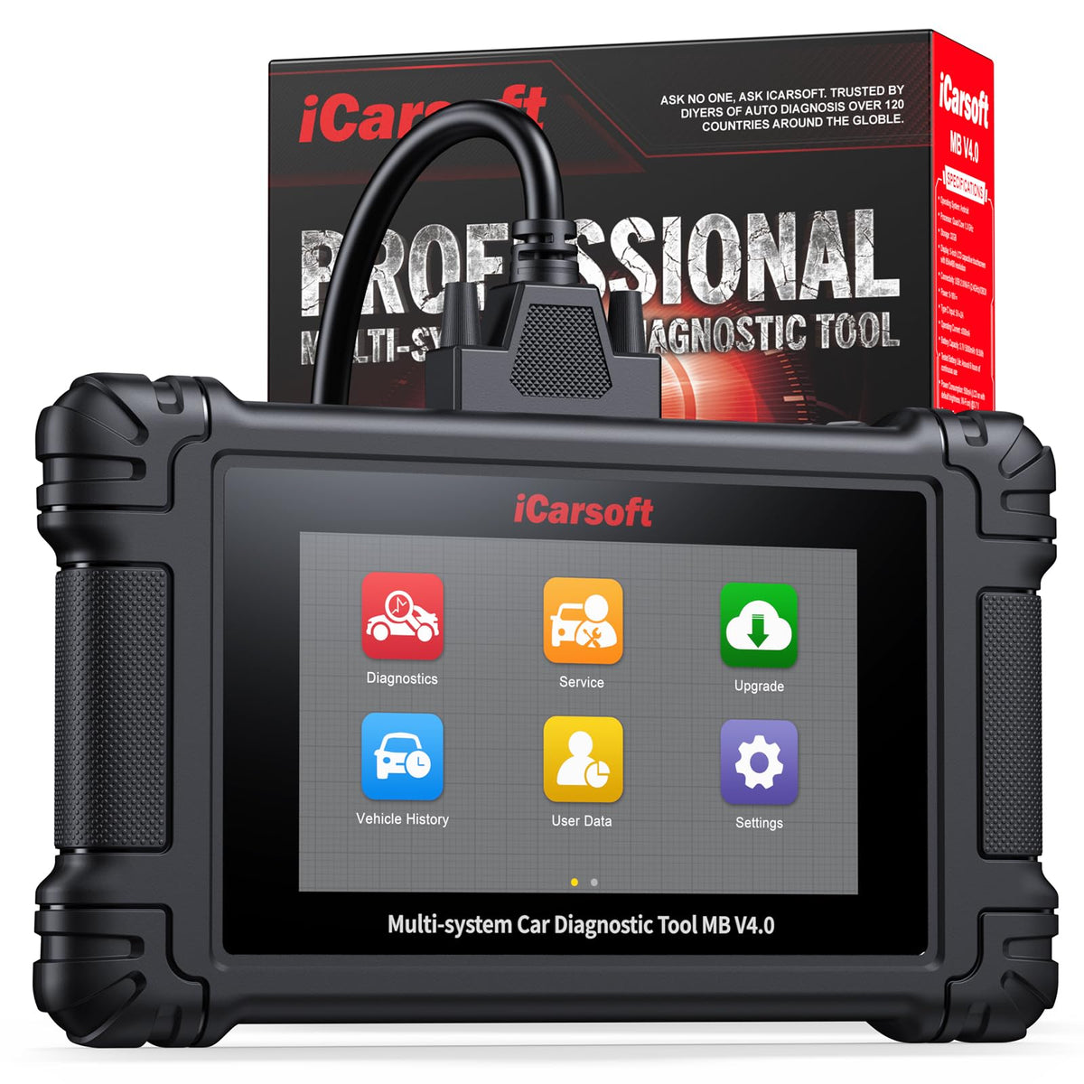iCarsoft MB V4.0 front view showing rugged casing and screen benefit quick access