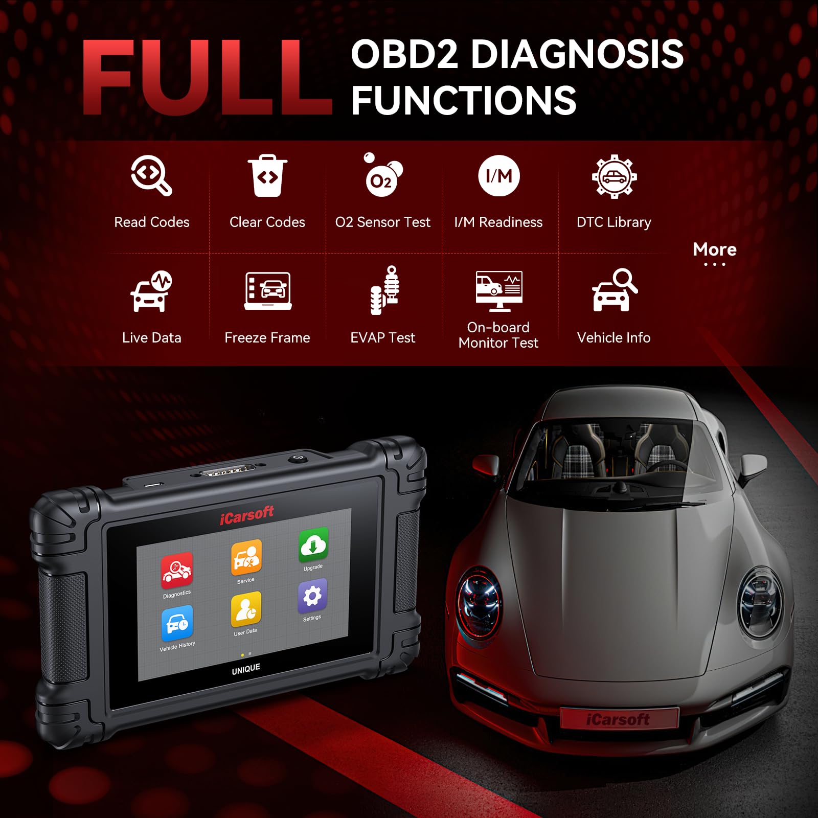 iCarsoft POR V4.0 plugged into OBD2 port enabling fast VIN recognition and scanning