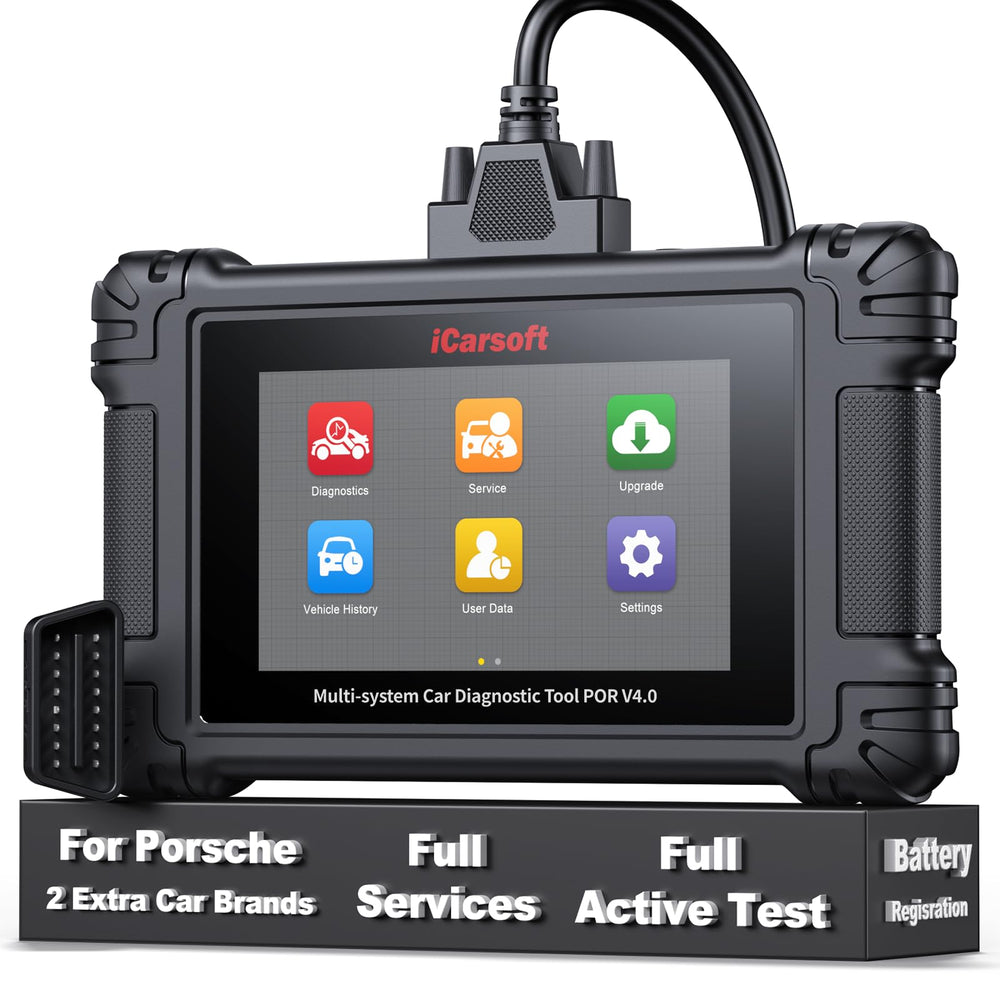iCarsoft POR V4.0 front display showing menu options and quick access benefit