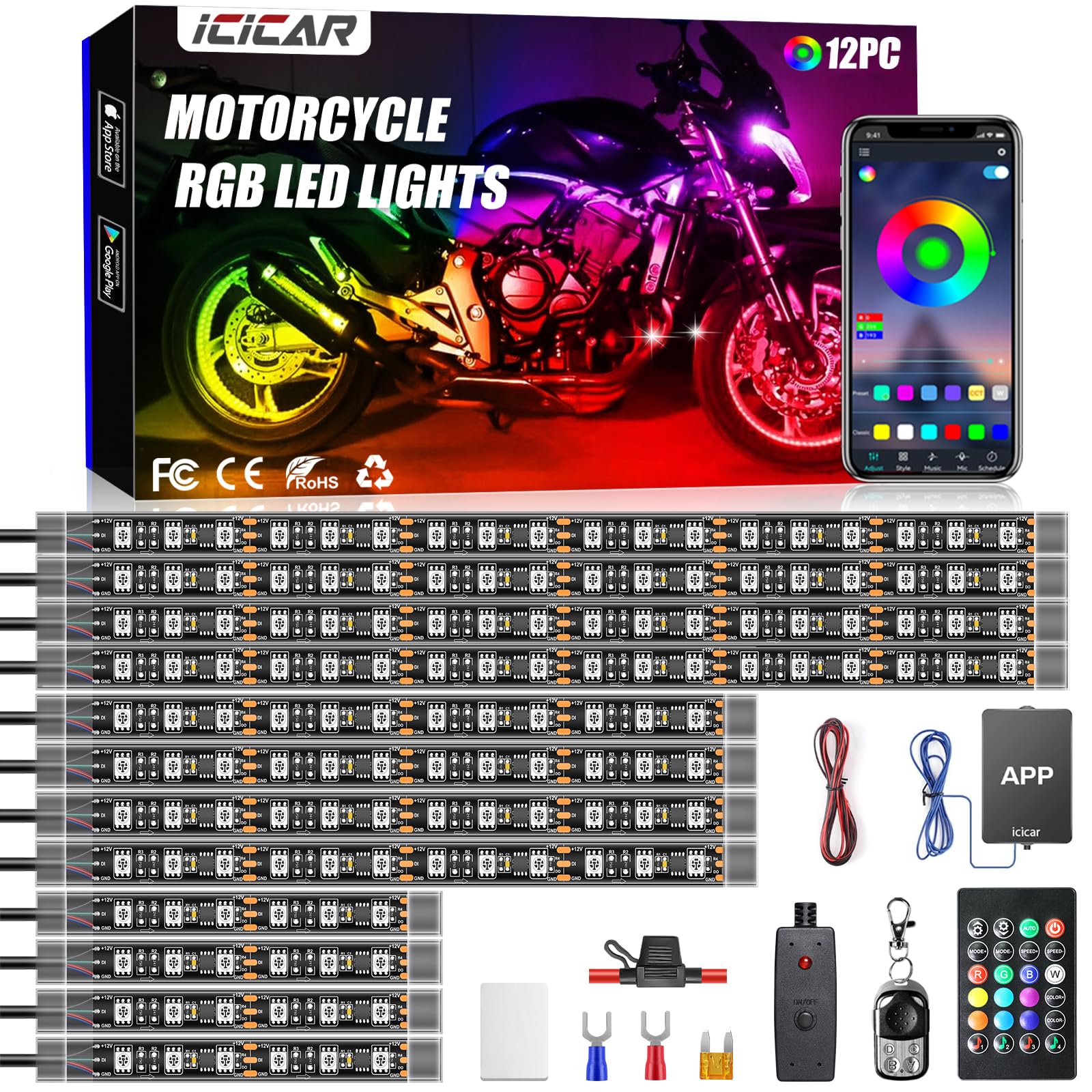 icicar front view installed on motorcycle showing dramatic underglow and improved visibility