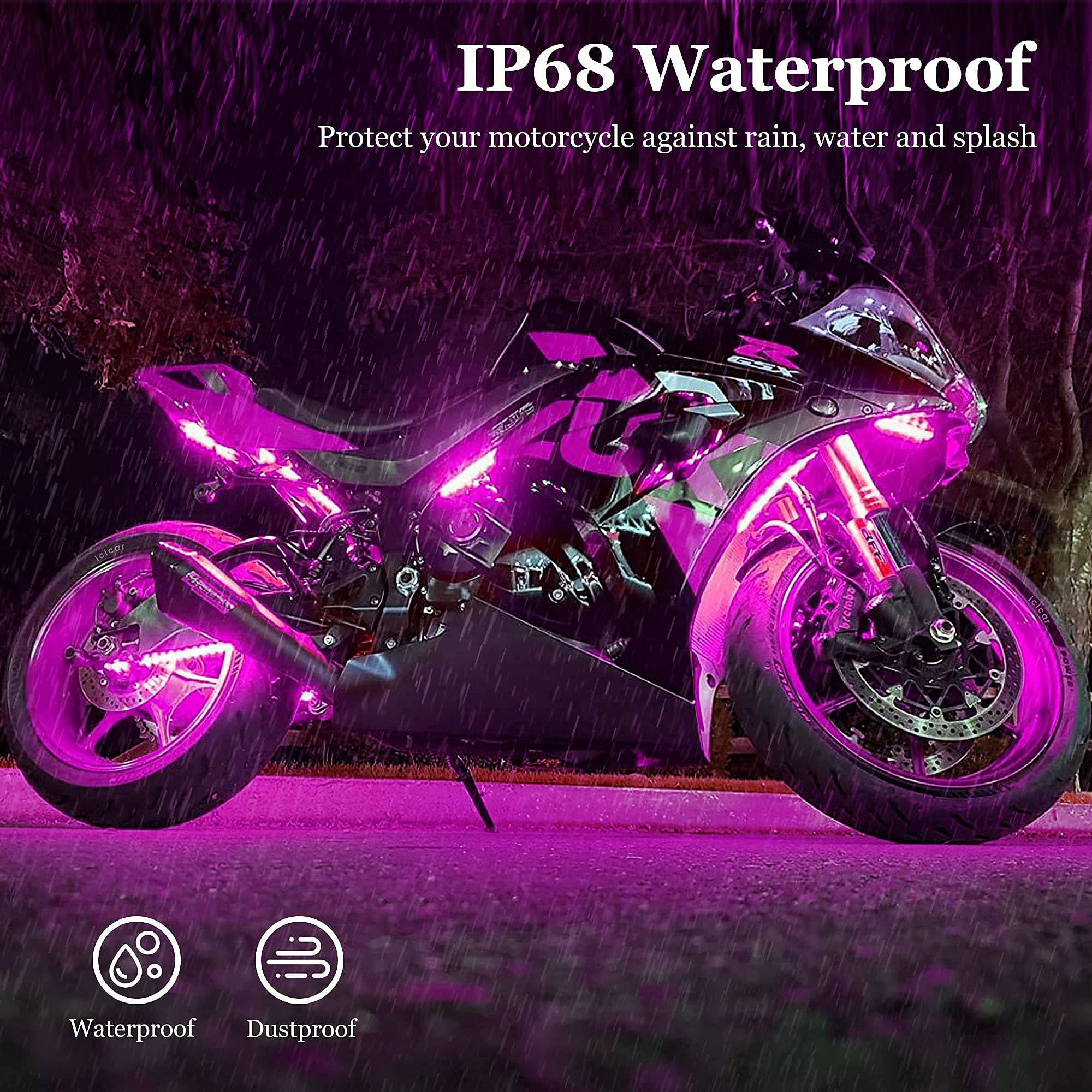 icicar LEDs pulsing to music on a parked bike showcasing synchronized sound-reactive effects