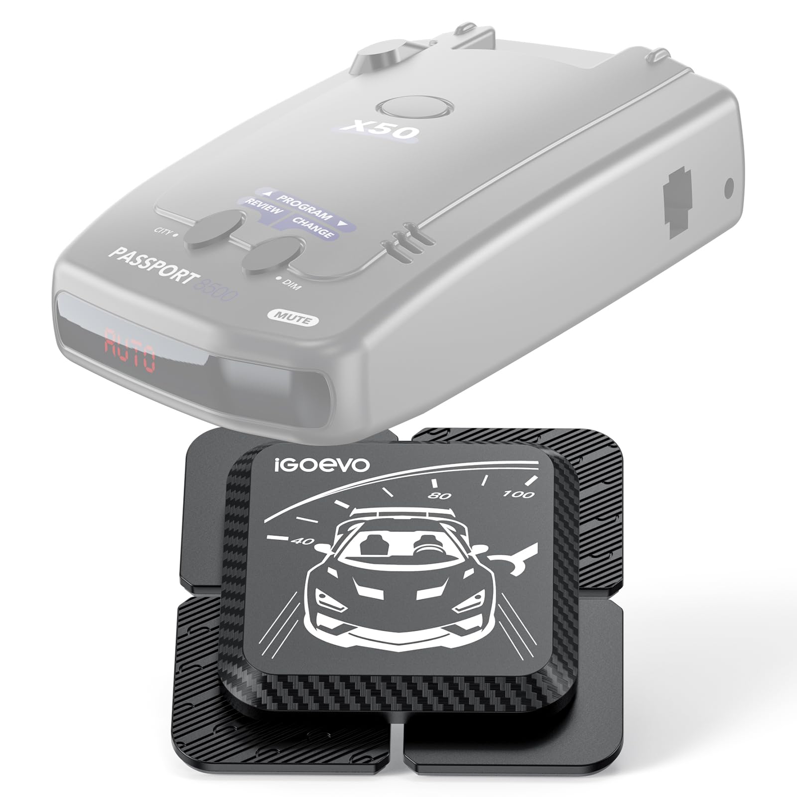 iGoevo front view showing mounted radar detector and unobstructed windshield visibility