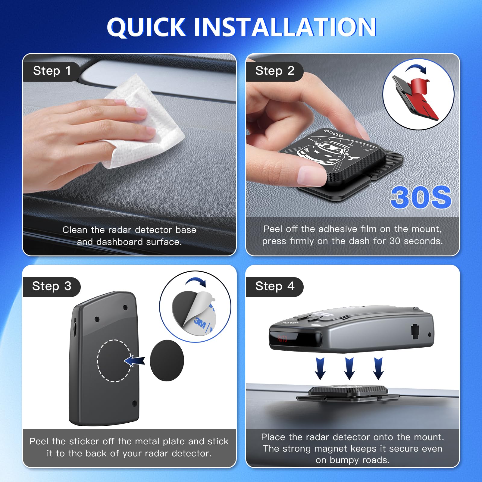iGoevo product packaging with extra adhesive pads showing lifetime replacement benefit