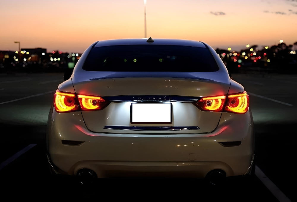 iJDMTOY installed on Infiniti Q50 trunk improving plate visibility at night