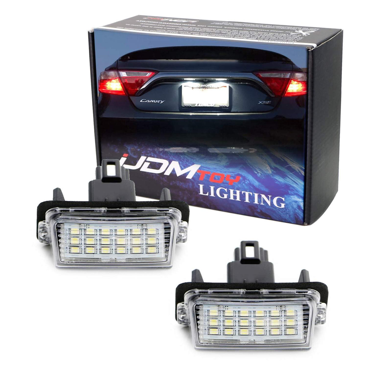 iJDMTOY front view of LED license plate light showing bright white illumination and improved visibility