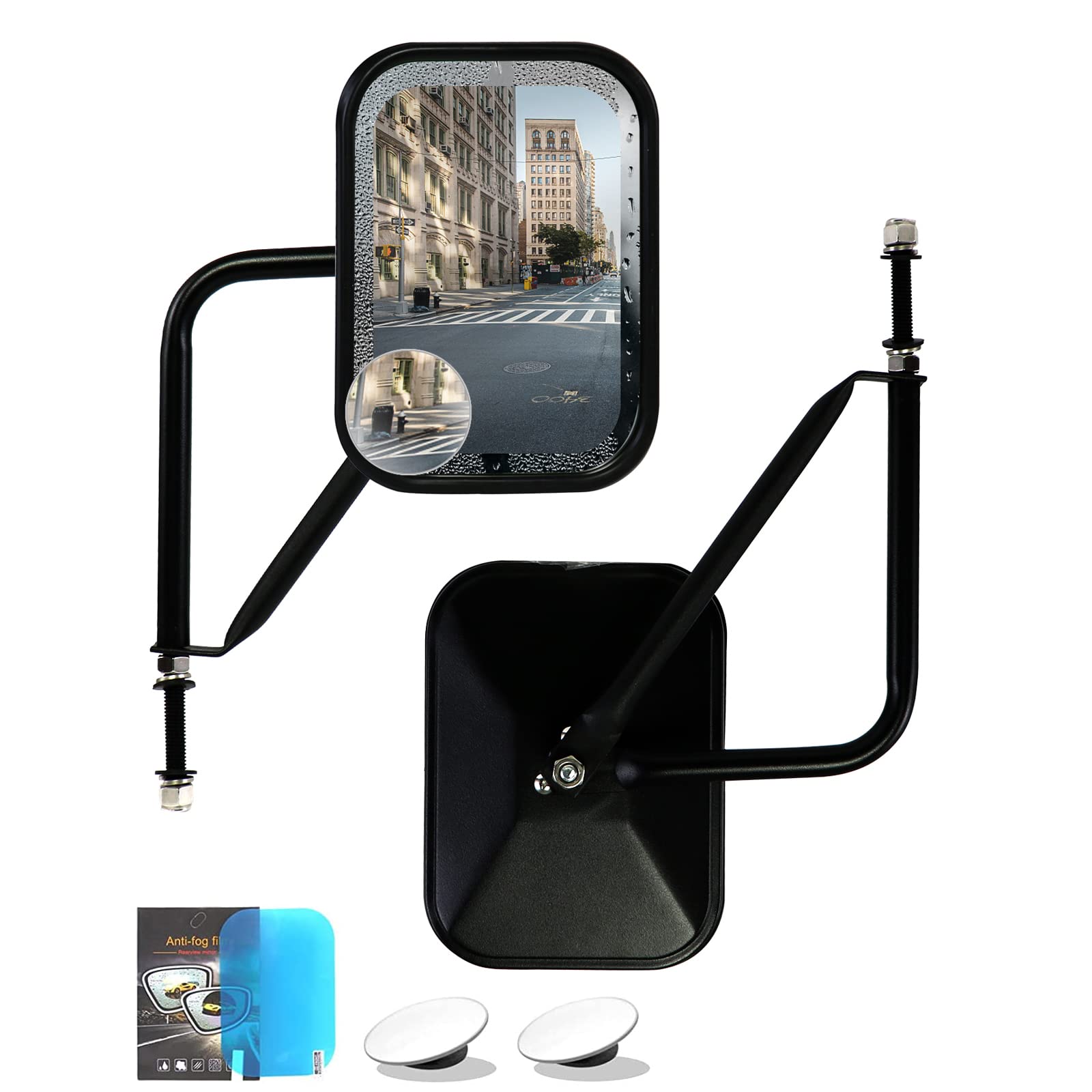 iKer front view mounted on Jeep Wrangler showing larger mirror for improved rear visibility