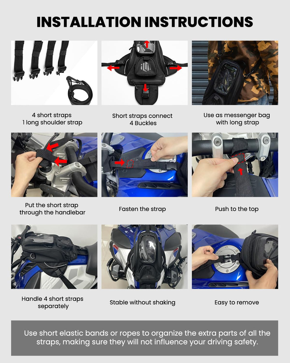ILM tank bag mounted on motorcycle showing in-ride convenience